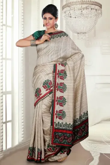 Picture of handmade floral printed green 100% silk saree dress mak