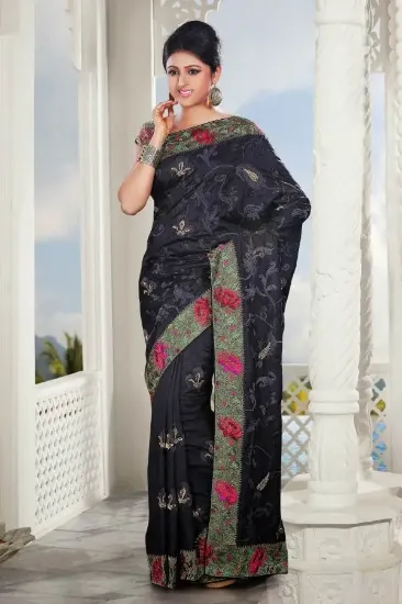 Picture of handmade floral printed polyester saree black dress mak