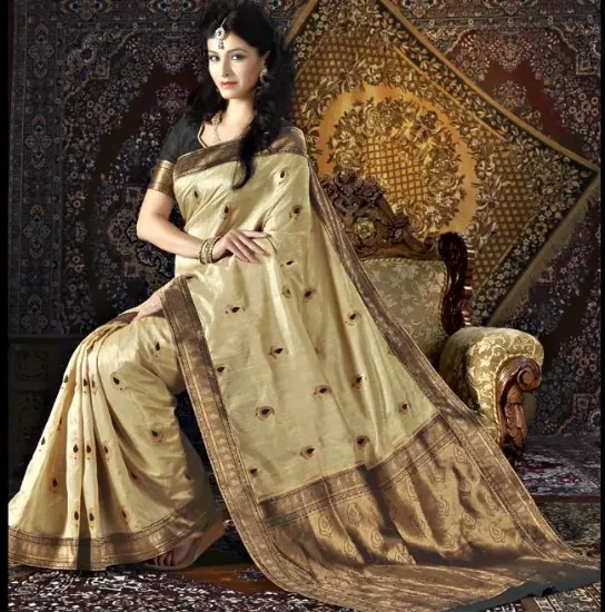 Picture of handmade floral printed pure silk saree brown dress mak