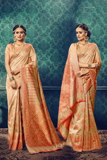 Picture of handmade floral printed saree pure silk beige craft fab