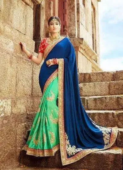 Picture of handmade floral sari printed green dress silk blend wom