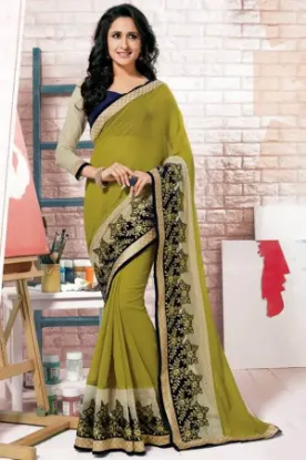 Picture of handmade green dress making pure silk saree floral prin