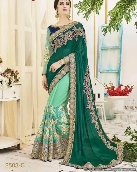 Picture of handmade green saree bollywood dress chanderi fabric wo