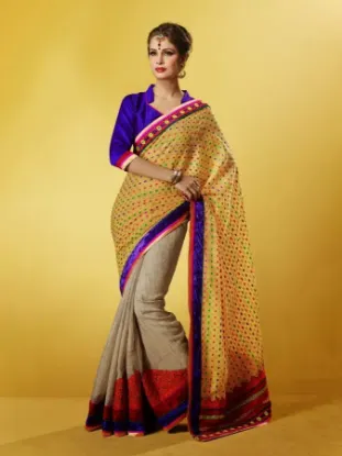 Picture of handmade indian 100% pure silk saree beige woven sari c