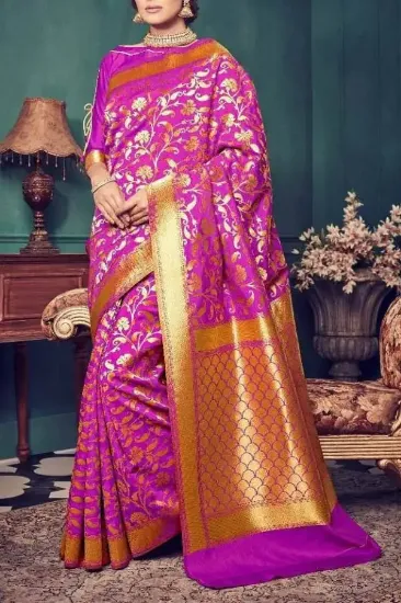 Picture of handmade indian 100% silk magenta saree floral printed 