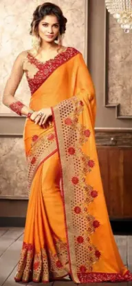 Picture of handmade indian abstract printed saree orange pure silk