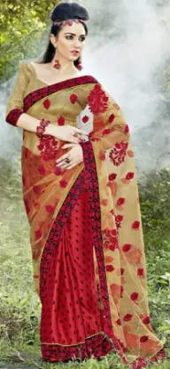 Picture of handmade indian beige ethnic craft saree pure silk flor