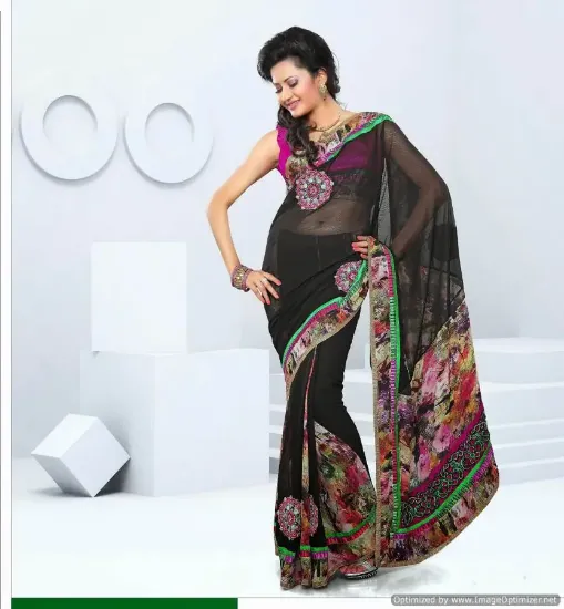 Picture of handmade indian beige floral printed pure silk saree et