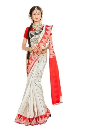 Picture of handmade indian beige saree nice woven art silk fabric 