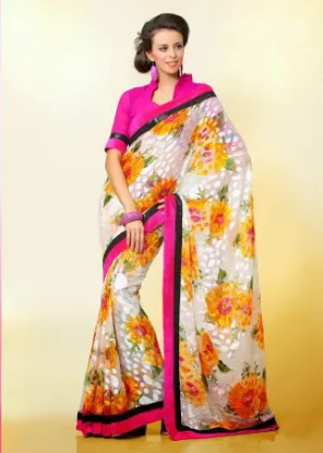 Picture of handmade indian brown 100% silk saree tree printed fabr