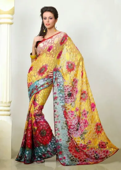 Picture of handmade indian brown pure silk saree floral printed sa