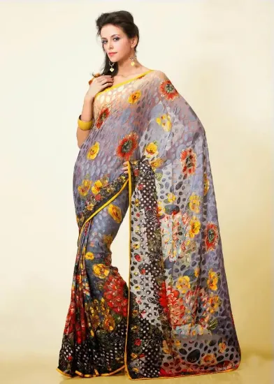 Picture of handmade indian brown pure silk saree nice printed ethn