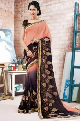 Picture of handmade indian crepe silk multicolour saree hand beade