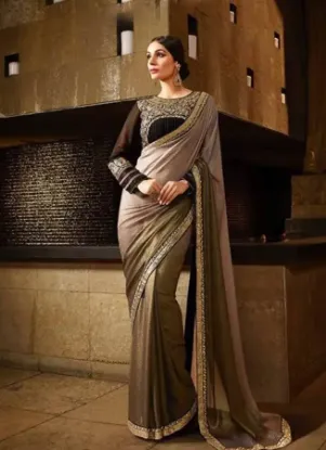 Picture of handmade indian crepe silk saree brown embroidered craf