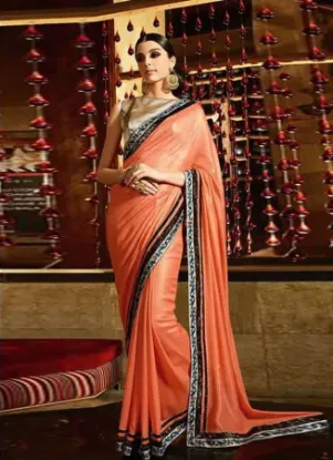 Picture of handmade indian crepe silk saree orange floral embroide