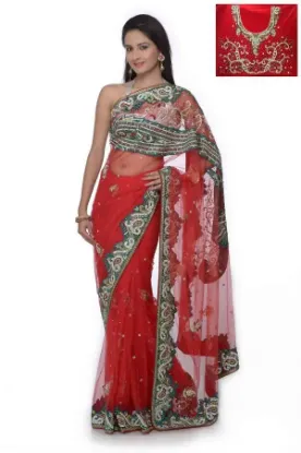 Picture of handmade indian dress making red saree satin silk flora