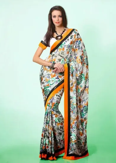 Picture of handmade indian dress making silk blend saree leaf prin