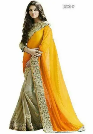 Picture of handmade indian ethnic saree art silk orange floral pri