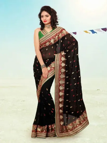 Picture of handmade indian floral printed 100% silk black saree et