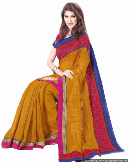 Picture of handmade indian floral printed beige saree pure silk cr