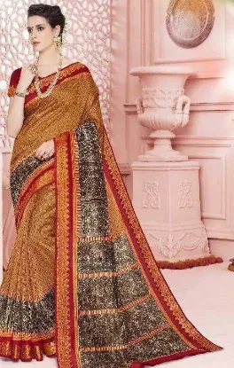 Picture of handmade indian floral printed brown pure silk saree us