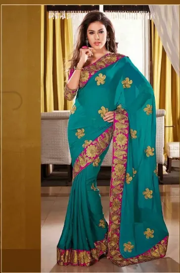 Picture of handmade indian floral printed pure silk saree green et