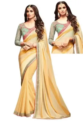 Picture of handmade indian floral printed yellow pure silk saree e