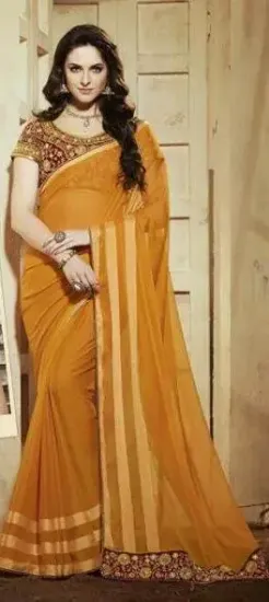 Picture of handmade indian georgette saree orange floral printed u