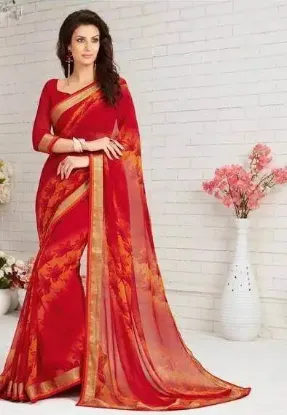 Picture of handmade indian georgette saree orange leaf printed use