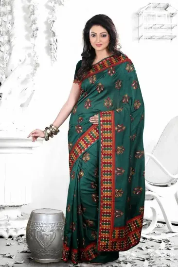 Picture of handmade indian green floral printed 100% silk saree ba