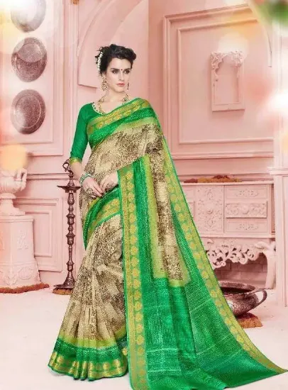 Picture of handmade indian green floral printed 100% silk saree us