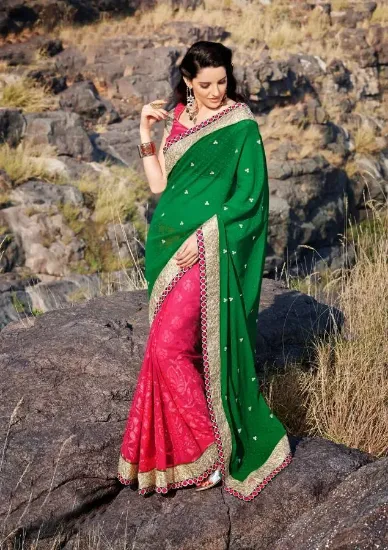 Picture of handmade indian green pure silk saree paisley printed e