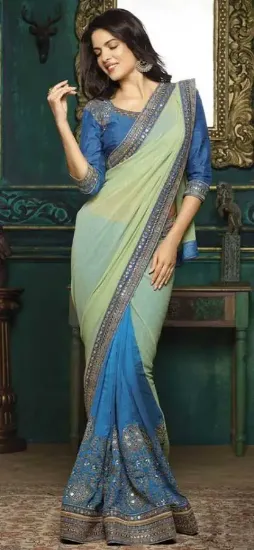 Picture of handmade indian green silk saree abstract printed batik