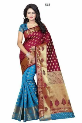 Picture of handmade indian leafs printed orange pure silk saree et