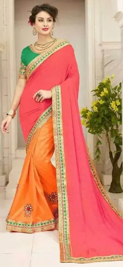 Picture of handmade indian orange pure silk saree floral printed f