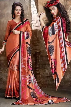 Picture of handmade indian orange silk saree floral printed batik 