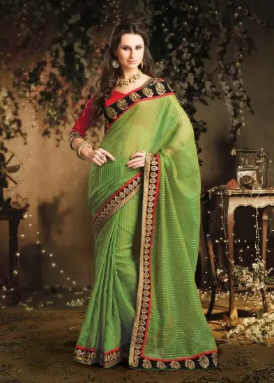 Picture of handmade indian polyester saree paisley printed green s