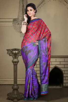 Picture of handmade indian pure silk blue saree abstract printed b