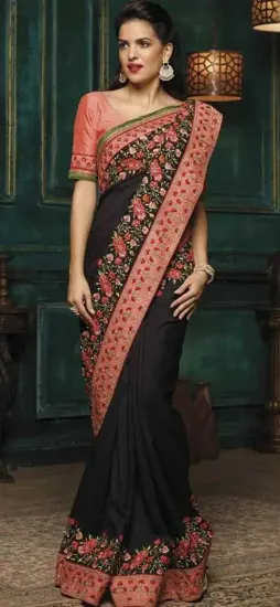 Picture of handmade indian pure silk brown saree floral printed us