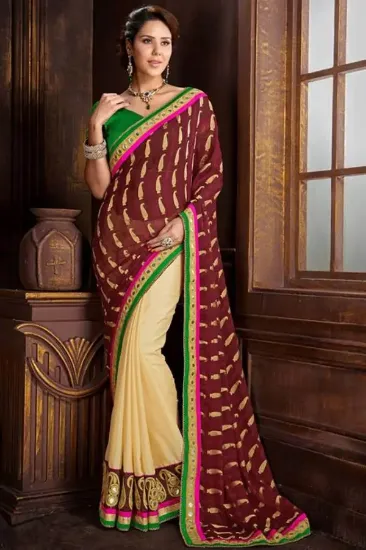 Picture of handmade indian pure silk brown sari calico printed eth