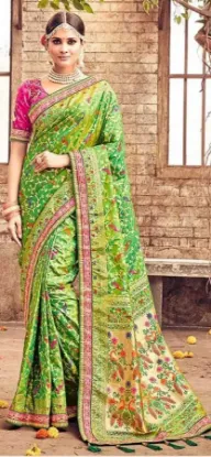 Picture of handmade indian pure silk green saree abstract printed 