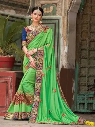 Picture of handmade indian pure silk green sari abstract printed e