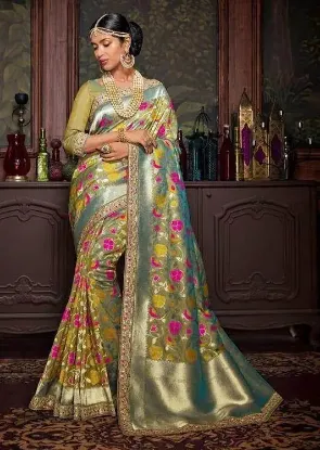 Picture of handmade indian pure silk green sari paisley printed et