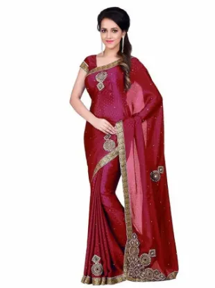 Picture of handmade indian pure silk maroon saree floral printed e