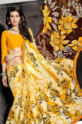 Picture of handmade indian pure silk orange saree floral printed b