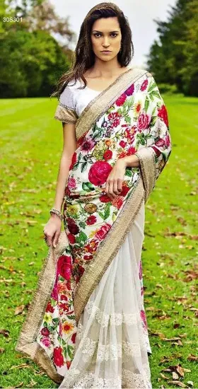 Picture of handmade indian pure silk saree brown floral printed sa