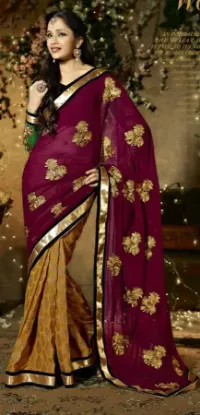 Picture of handmade indian pure silk saree brown leaf printed ethn