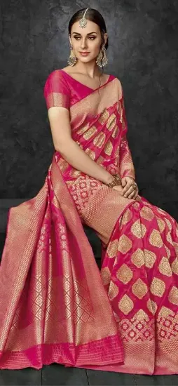 Picture of handmade indian pure silk saree magenta floral printed 