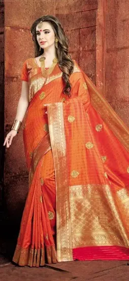 Picture of handmade indian pure silk saree red floral printed dres