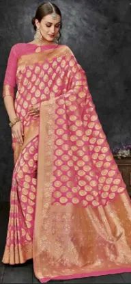 Picture of handmade indian pure silk saree red leaf printed fabric